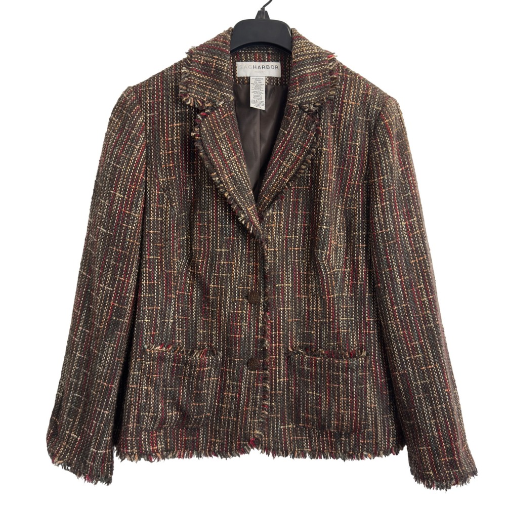 Sag Harbor Woman Multi Color Tweed Fringe Blazer Jacket Brown Red 16W Pockets